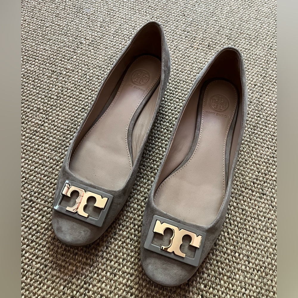 Tory Burch Taupe Flats with Gold Emblem
